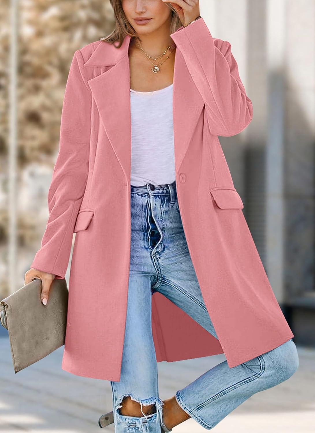 imagePRETTYGARDEN Womens 2025 Spring Fall Long Blazer Jackets Long Sleeve Lapel Pockets Loose Fit Work Casual Blazers OuterwearDusty Pink