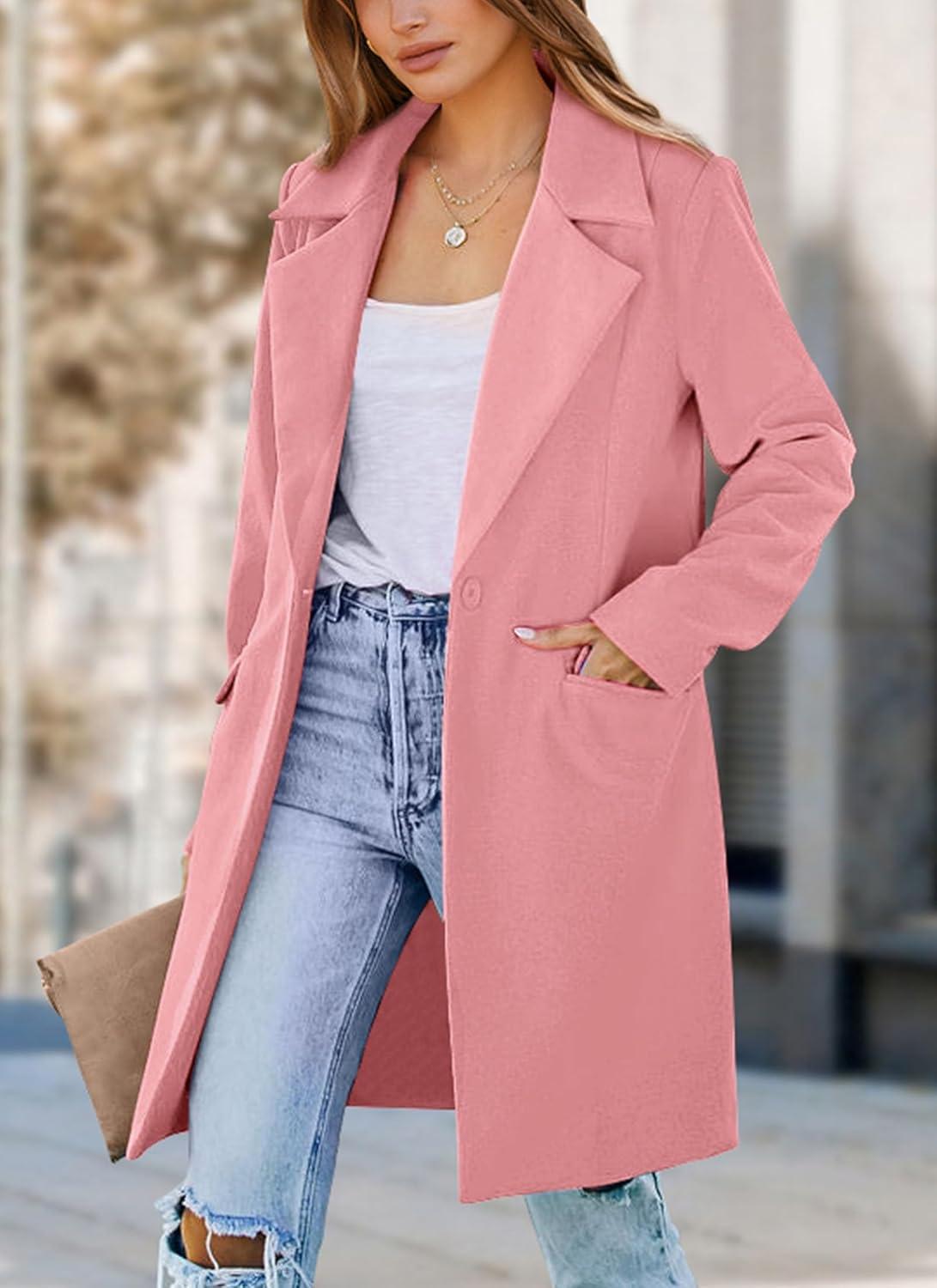 imagePRETTYGARDEN Womens 2025 Spring Fall Long Blazer Jackets Long Sleeve Lapel Pockets Loose Fit Work Casual Blazers OuterwearDusty Pink