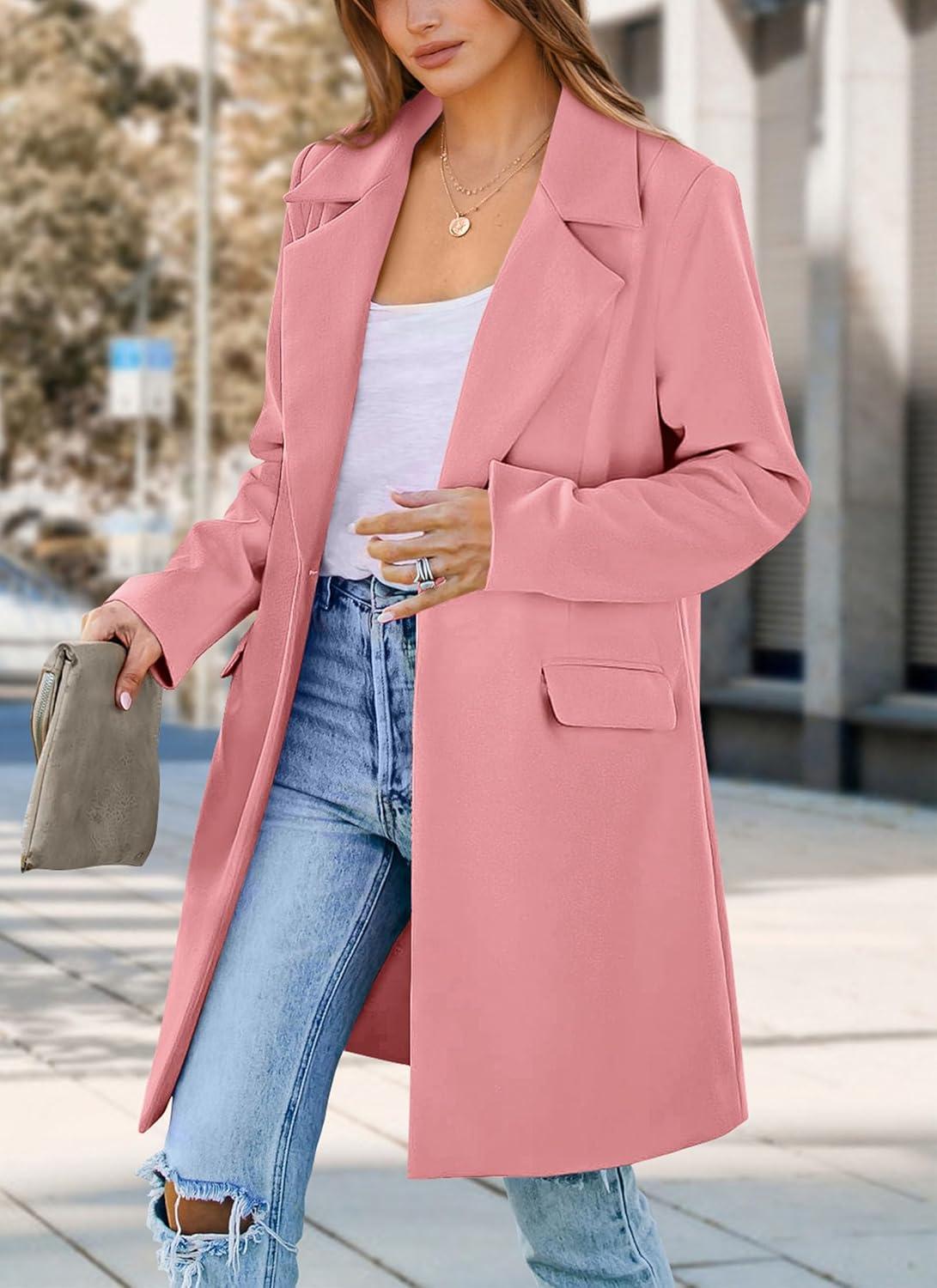imagePRETTYGARDEN Womens 2025 Spring Fall Long Blazer Jackets Long Sleeve Lapel Pockets Loose Fit Work Casual Blazers OuterwearDusty Pink