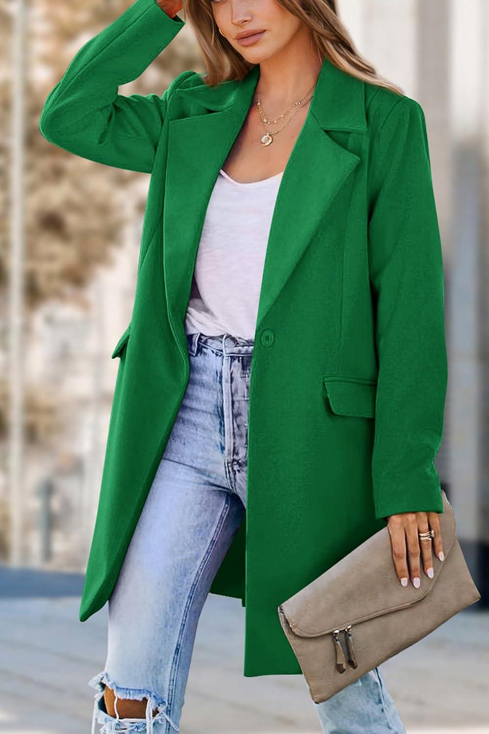 imagePRETTYGARDEN Womens 2025 Spring Fall Long Blazer Jackets Long Sleeve Lapel Pockets Loose Fit Work Casual Blazers OuterwearGreen