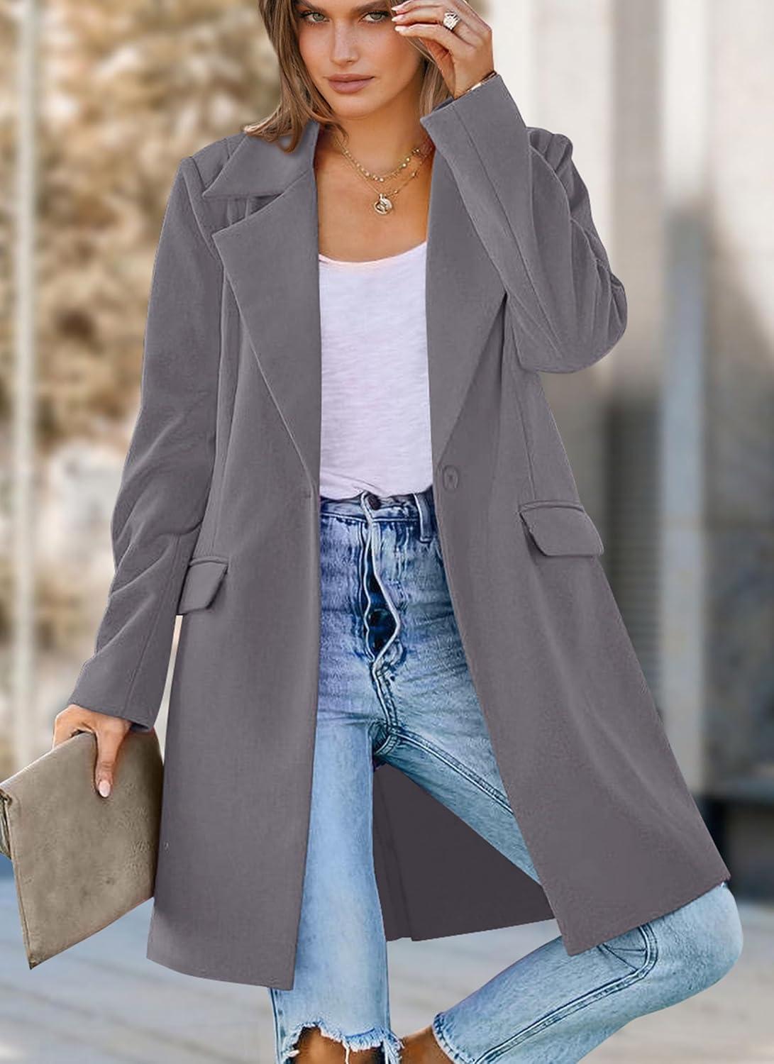 imagePRETTYGARDEN Womens 2025 Spring Fall Long Blazer Jackets Long Sleeve Lapel Pockets Loose Fit Work Casual Blazers OuterwearGrey