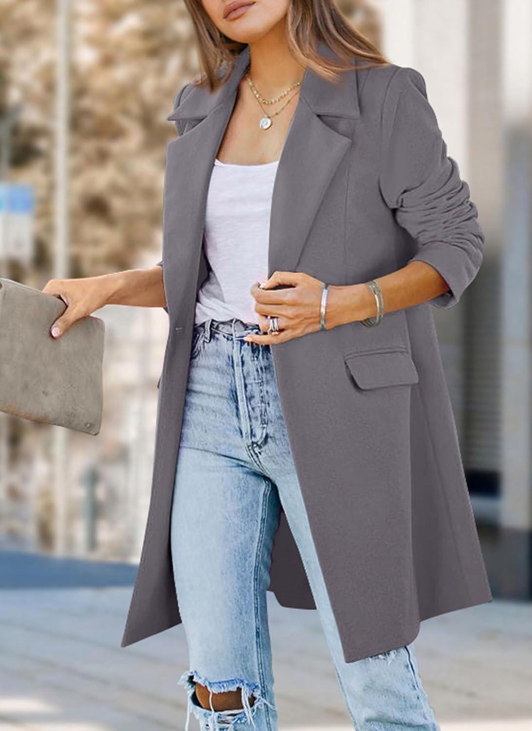 imagePRETTYGARDEN Womens 2025 Spring Fall Long Blazer Jackets Long Sleeve Lapel Pockets Loose Fit Work Casual Blazers OuterwearGrey