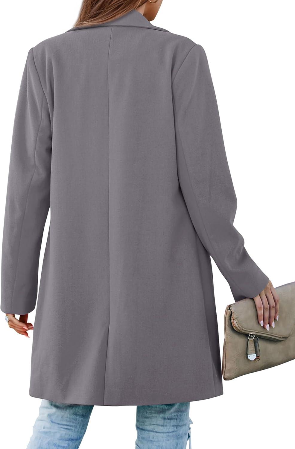 imagePRETTYGARDEN Womens 2025 Spring Fall Long Blazer Jackets Long Sleeve Lapel Pockets Loose Fit Work Casual Blazers OuterwearGrey