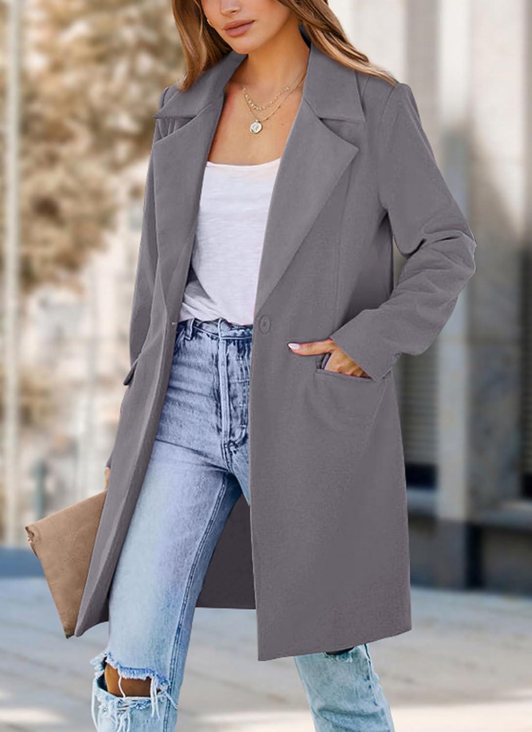 imagePRETTYGARDEN Womens 2025 Spring Fall Long Blazer Jackets Long Sleeve Lapel Pockets Loose Fit Work Casual Blazers OuterwearGrey