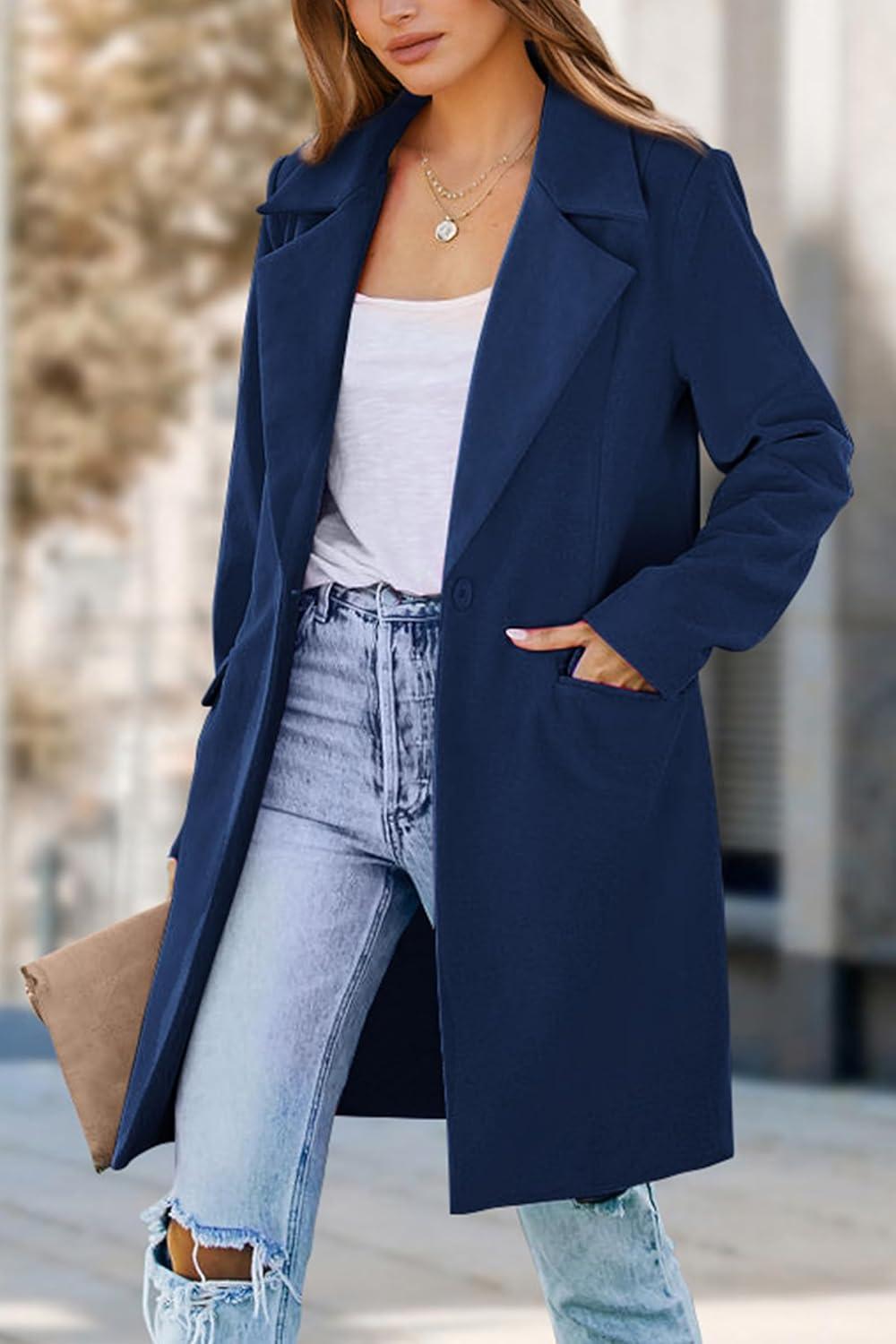 imagePRETTYGARDEN Womens 2025 Spring Fall Long Blazer Jackets Long Sleeve Lapel Pockets Loose Fit Work Casual Blazers OuterwearNavy