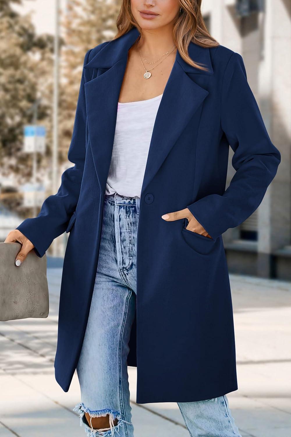 imagePRETTYGARDEN Womens 2025 Spring Fall Long Blazer Jackets Long Sleeve Lapel Pockets Loose Fit Work Casual Blazers OuterwearNavy