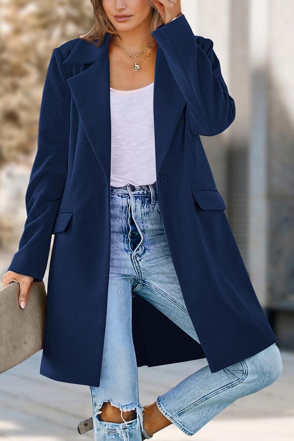 imagePRETTYGARDEN Womens 2025 Spring Fall Long Blazer Jackets Long Sleeve Lapel Pockets Loose Fit Work Casual Blazers OuterwearNavy