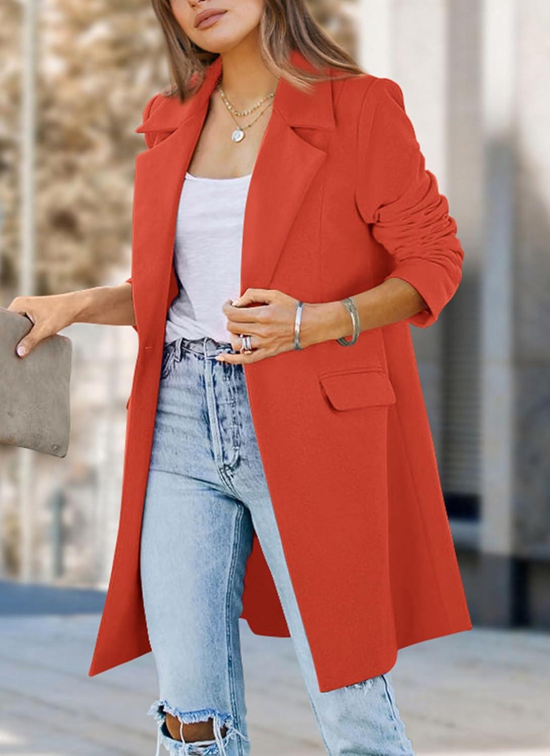imagePRETTYGARDEN Womens 2025 Spring Fall Long Blazer Jackets Long Sleeve Lapel Pockets Loose Fit Work Casual Blazers OuterwearOrange Red