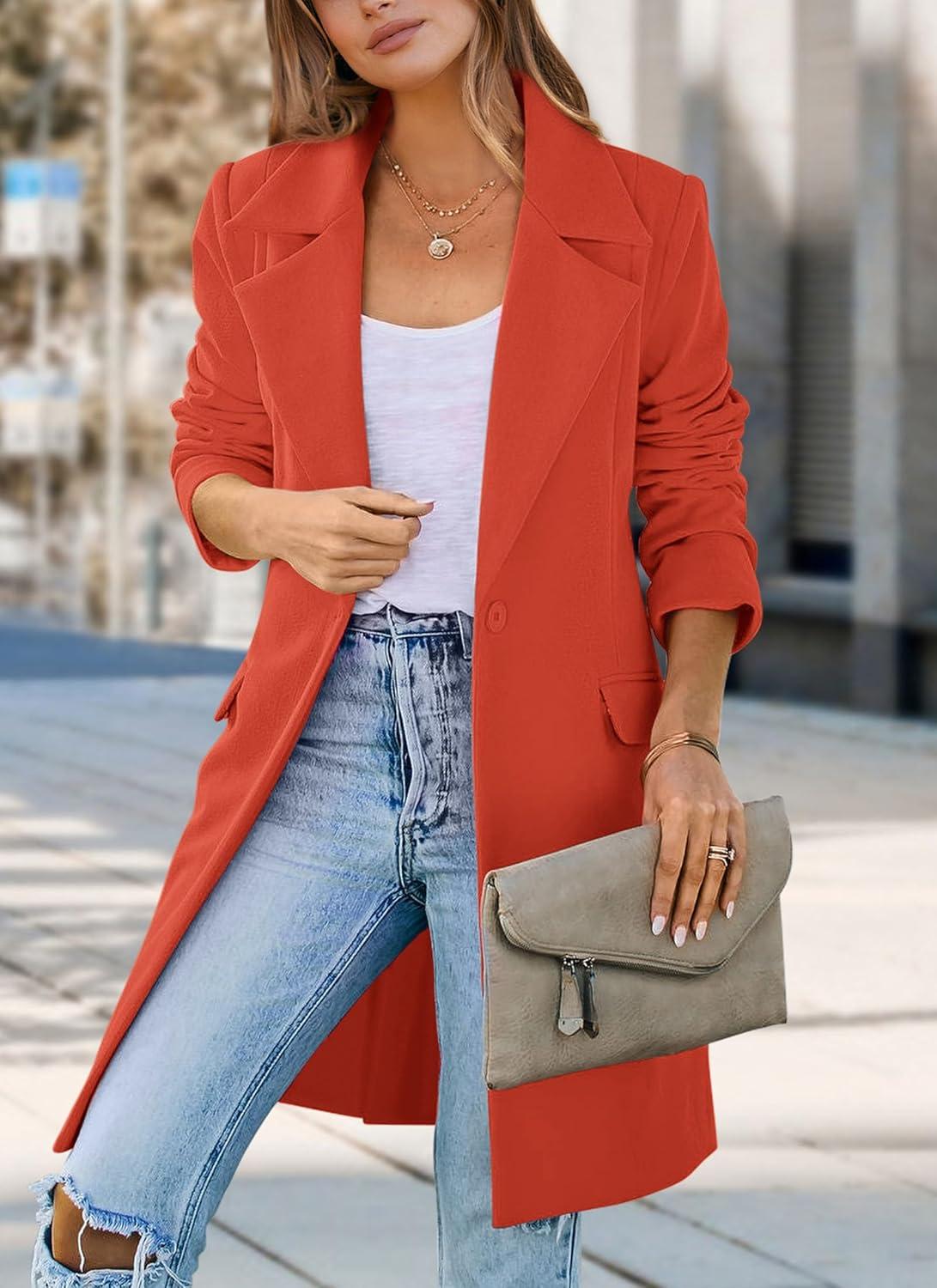 imagePRETTYGARDEN Womens 2025 Spring Fall Long Blazer Jackets Long Sleeve Lapel Pockets Loose Fit Work Casual Blazers OuterwearOrange Red