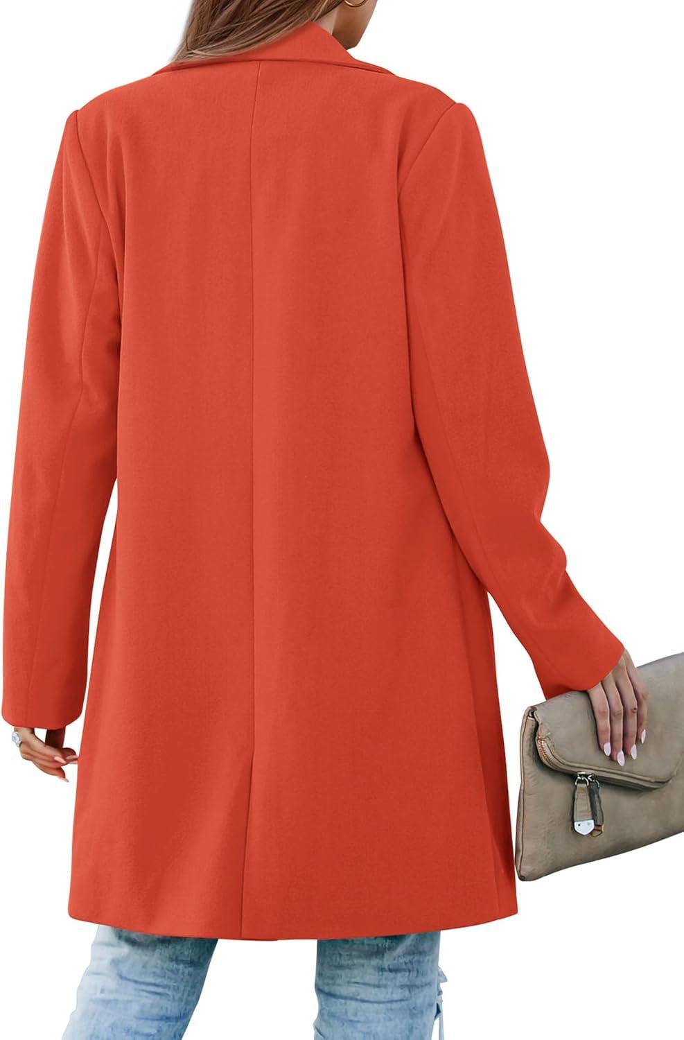 imagePRETTYGARDEN Womens 2025 Spring Fall Long Blazer Jackets Long Sleeve Lapel Pockets Loose Fit Work Casual Blazers OuterwearOrange Red