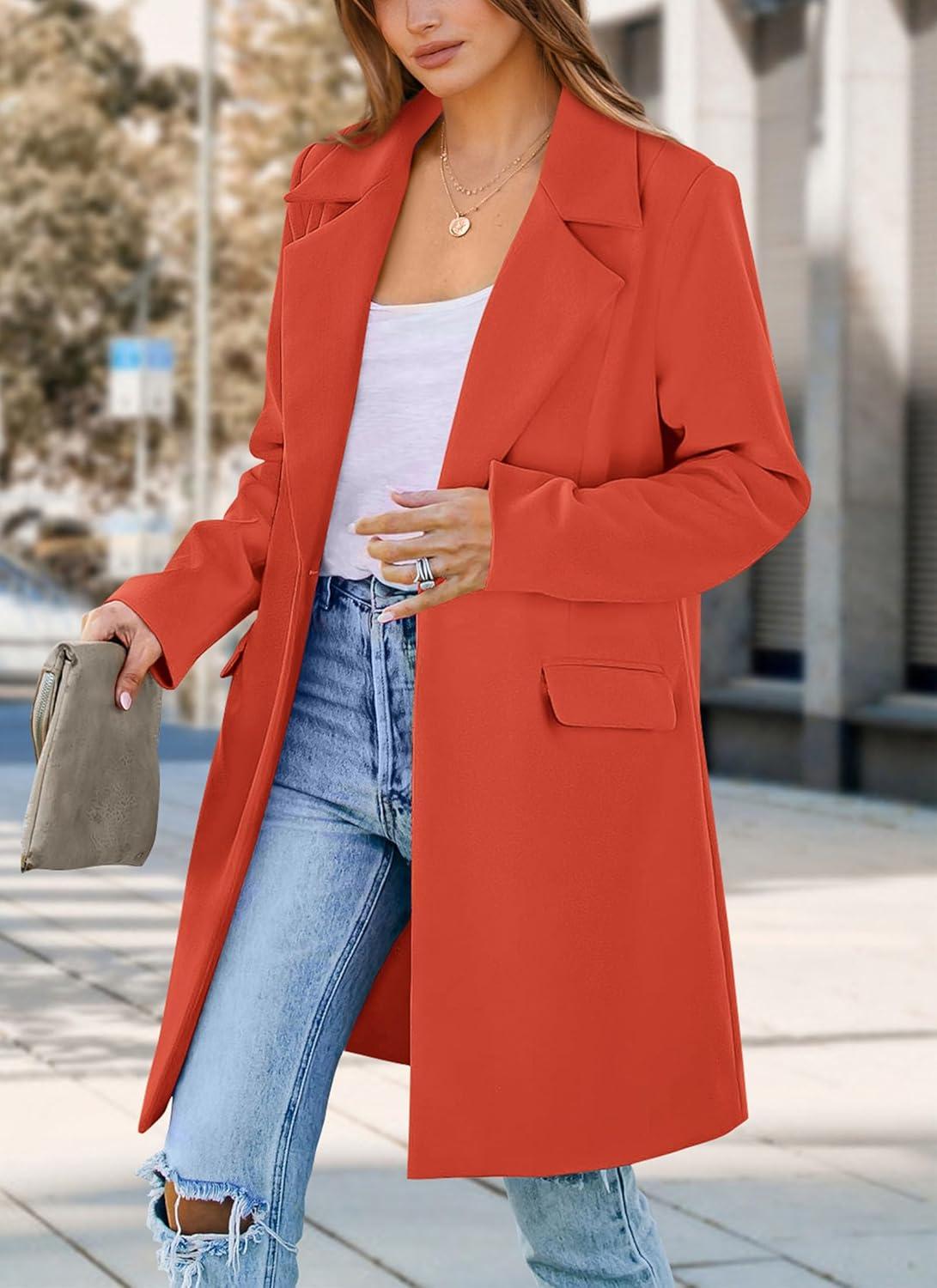 imagePRETTYGARDEN Womens 2025 Spring Fall Long Blazer Jackets Long Sleeve Lapel Pockets Loose Fit Work Casual Blazers OuterwearOrange Red