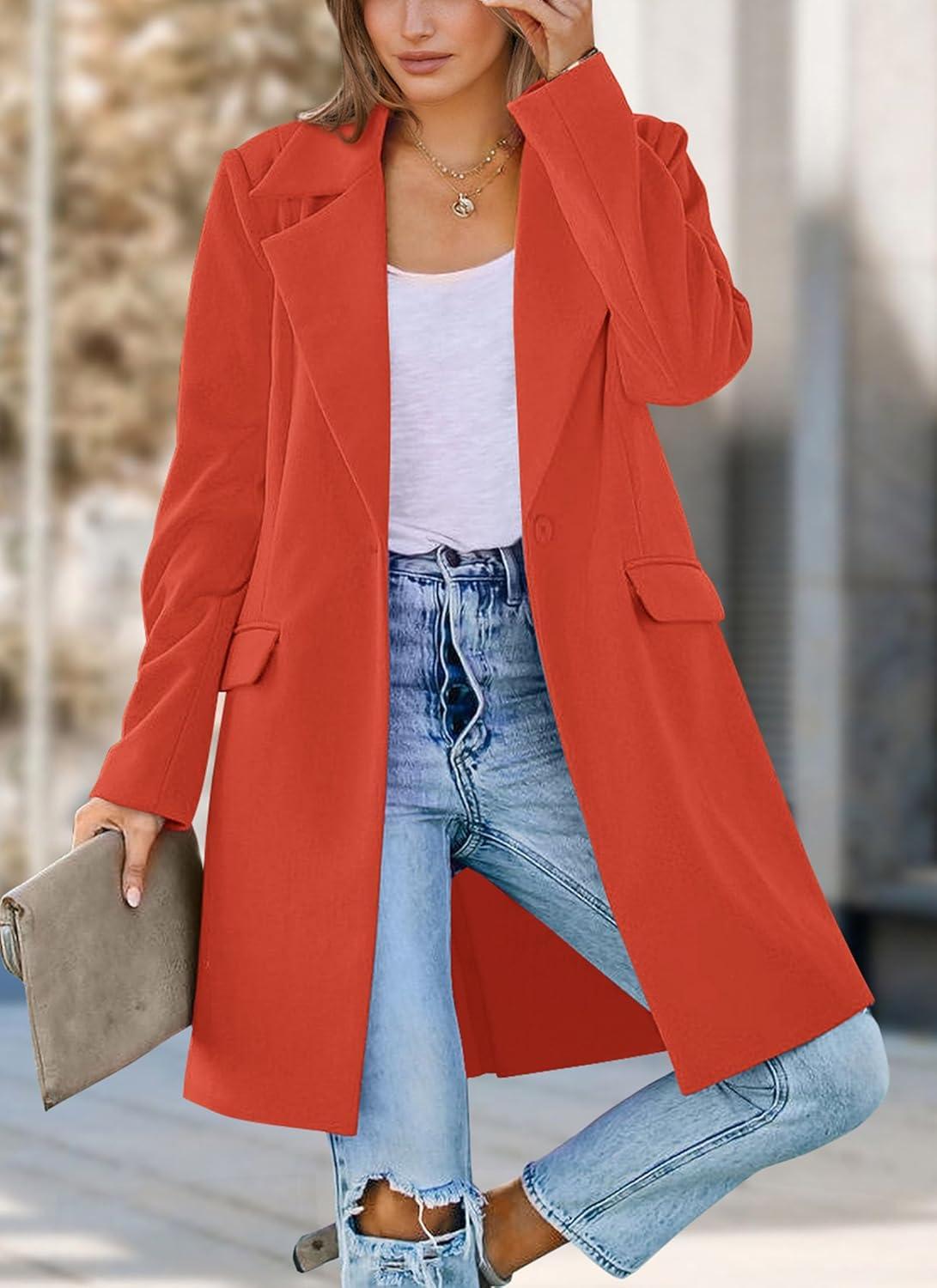 imagePRETTYGARDEN Womens 2025 Spring Fall Long Blazer Jackets Long Sleeve Lapel Pockets Loose Fit Work Casual Blazers OuterwearOrange Red