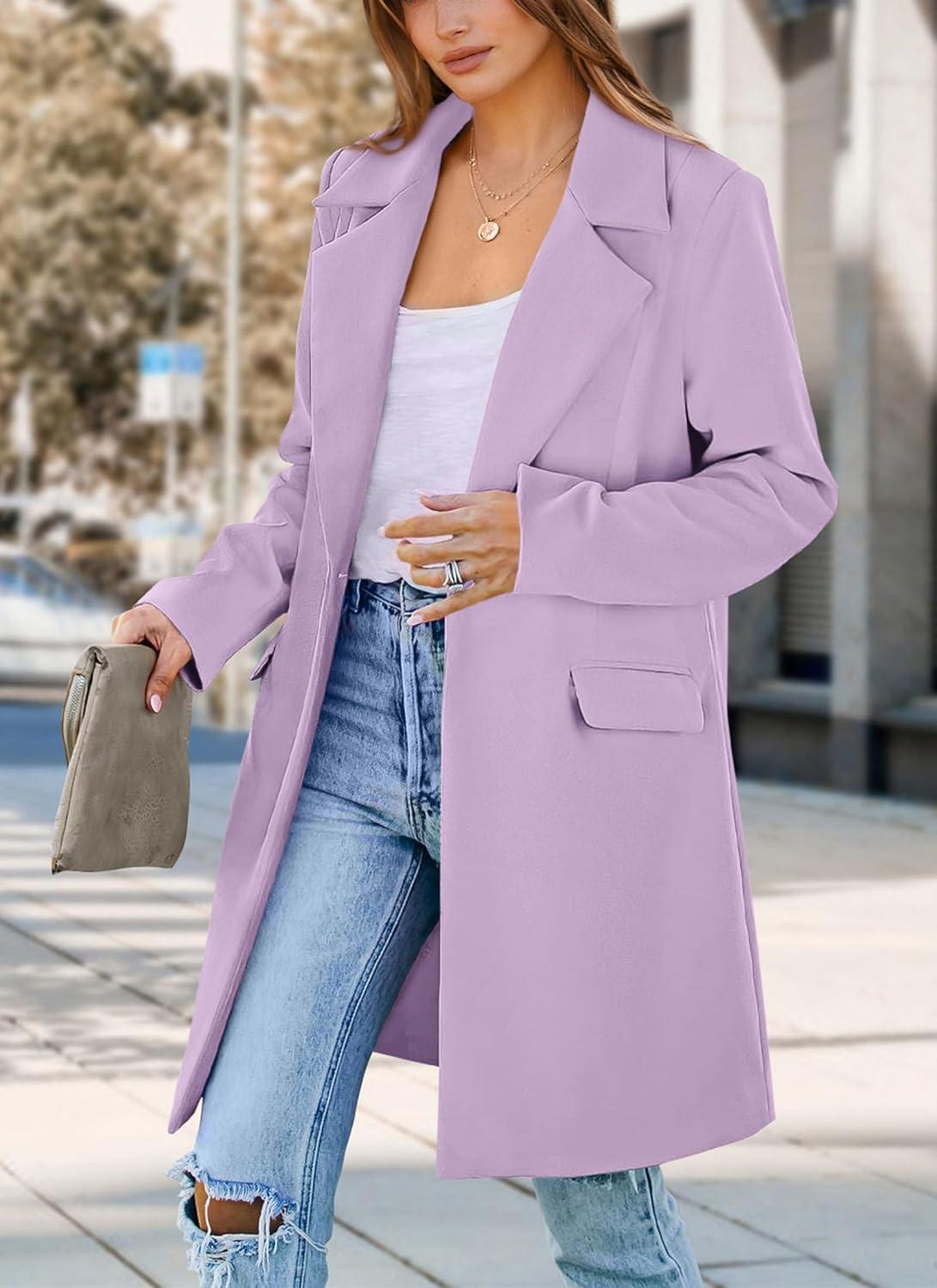 imagePRETTYGARDEN Womens 2025 Spring Fall Long Blazer Jackets Long Sleeve Lapel Pockets Loose Fit Work Casual Blazers OuterwearPurple
