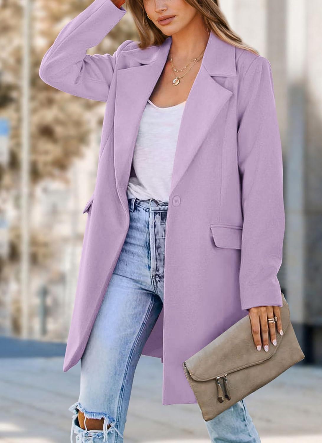 imagePRETTYGARDEN Womens 2025 Spring Fall Long Blazer Jackets Long Sleeve Lapel Pockets Loose Fit Work Casual Blazers OuterwearPurple
