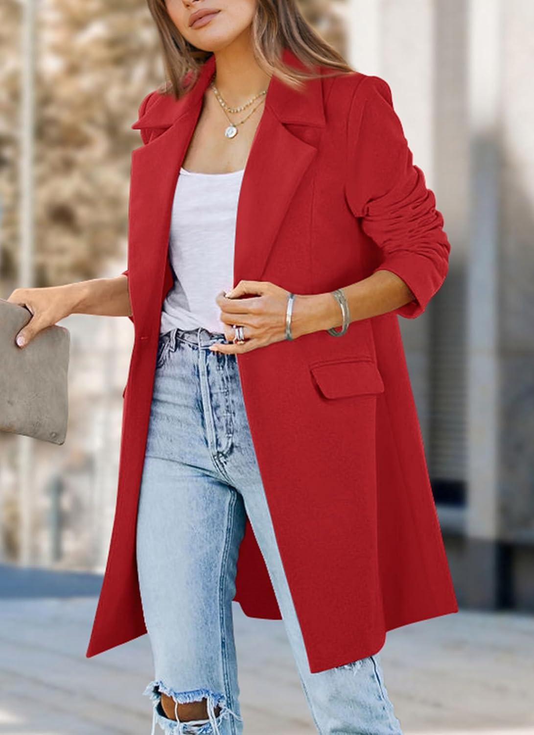 imagePRETTYGARDEN Womens 2025 Spring Fall Long Blazer Jackets Long Sleeve Lapel Pockets Loose Fit Work Casual Blazers OuterwearRed