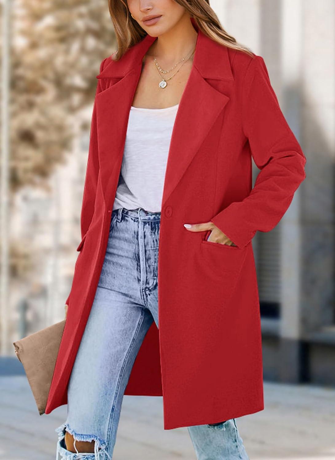 imagePRETTYGARDEN Womens 2025 Spring Fall Long Blazer Jackets Long Sleeve Lapel Pockets Loose Fit Work Casual Blazers OuterwearRed