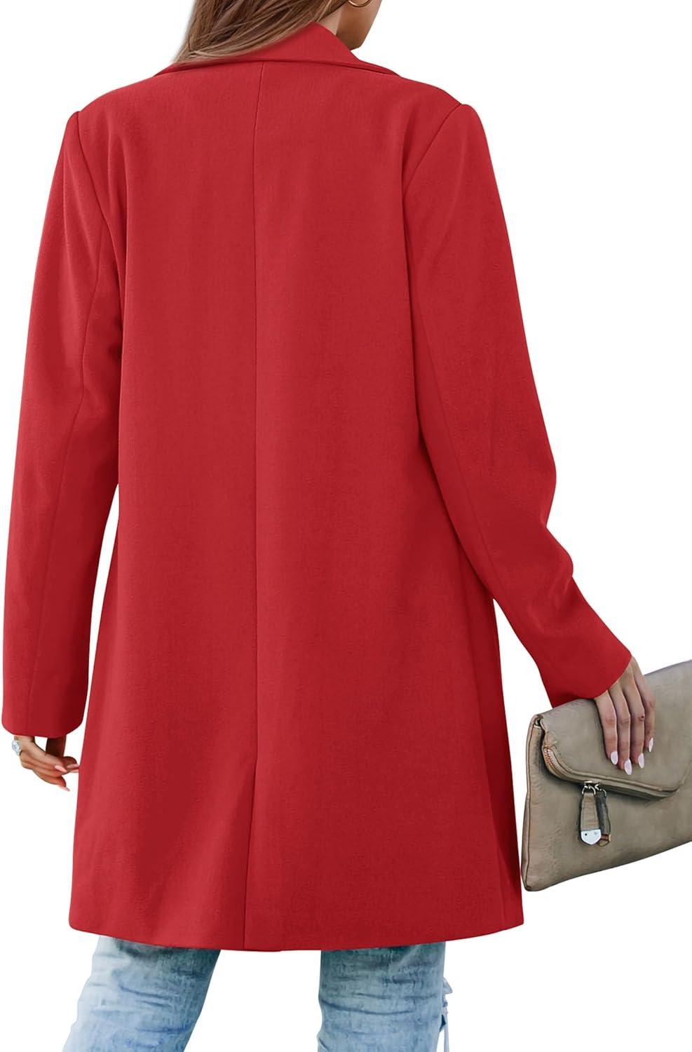 imagePRETTYGARDEN Womens 2025 Spring Fall Long Blazer Jackets Long Sleeve Lapel Pockets Loose Fit Work Casual Blazers OuterwearRed