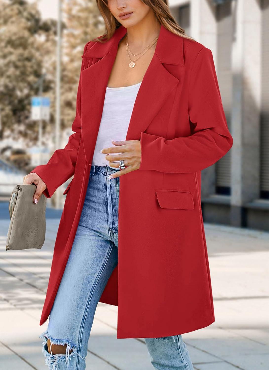 imagePRETTYGARDEN Womens 2025 Spring Fall Long Blazer Jackets Long Sleeve Lapel Pockets Loose Fit Work Casual Blazers OuterwearRed