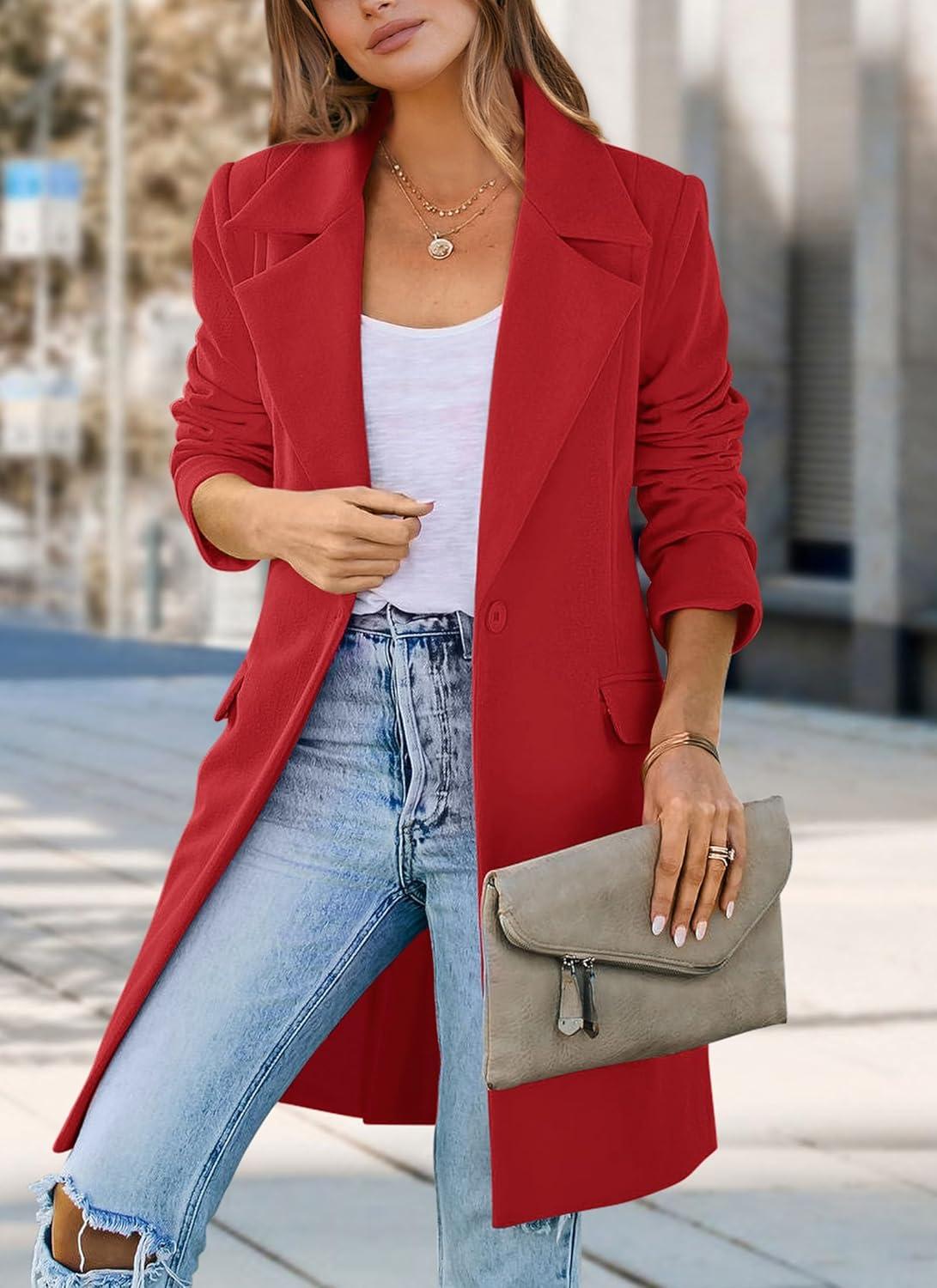 imagePRETTYGARDEN Womens 2025 Spring Fall Long Blazer Jackets Long Sleeve Lapel Pockets Loose Fit Work Casual Blazers OuterwearRed