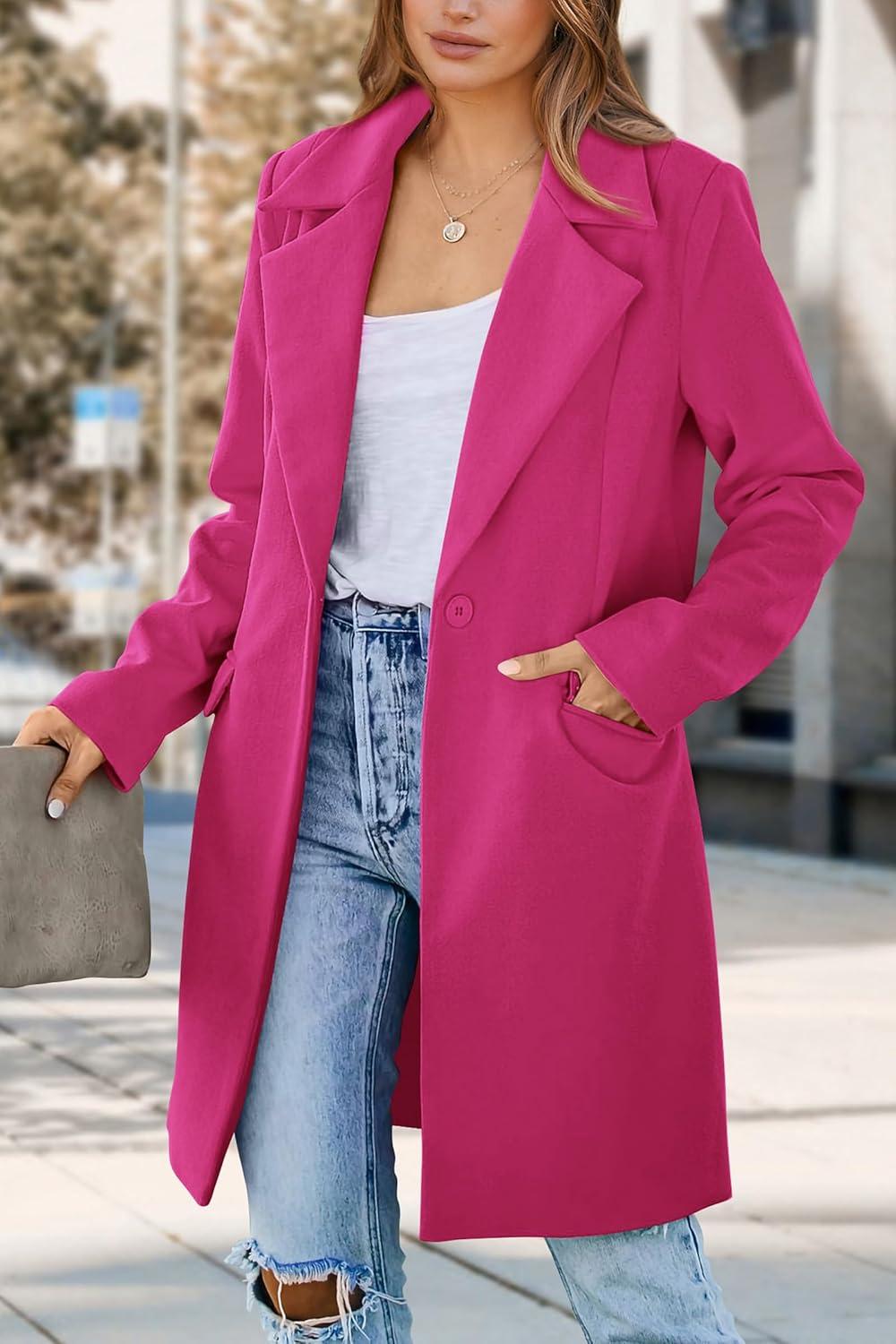 imagePRETTYGARDEN Womens 2025 Spring Fall Long Blazer Jackets Long Sleeve Lapel Pockets Loose Fit Work Casual Blazers OuterwearRose Red