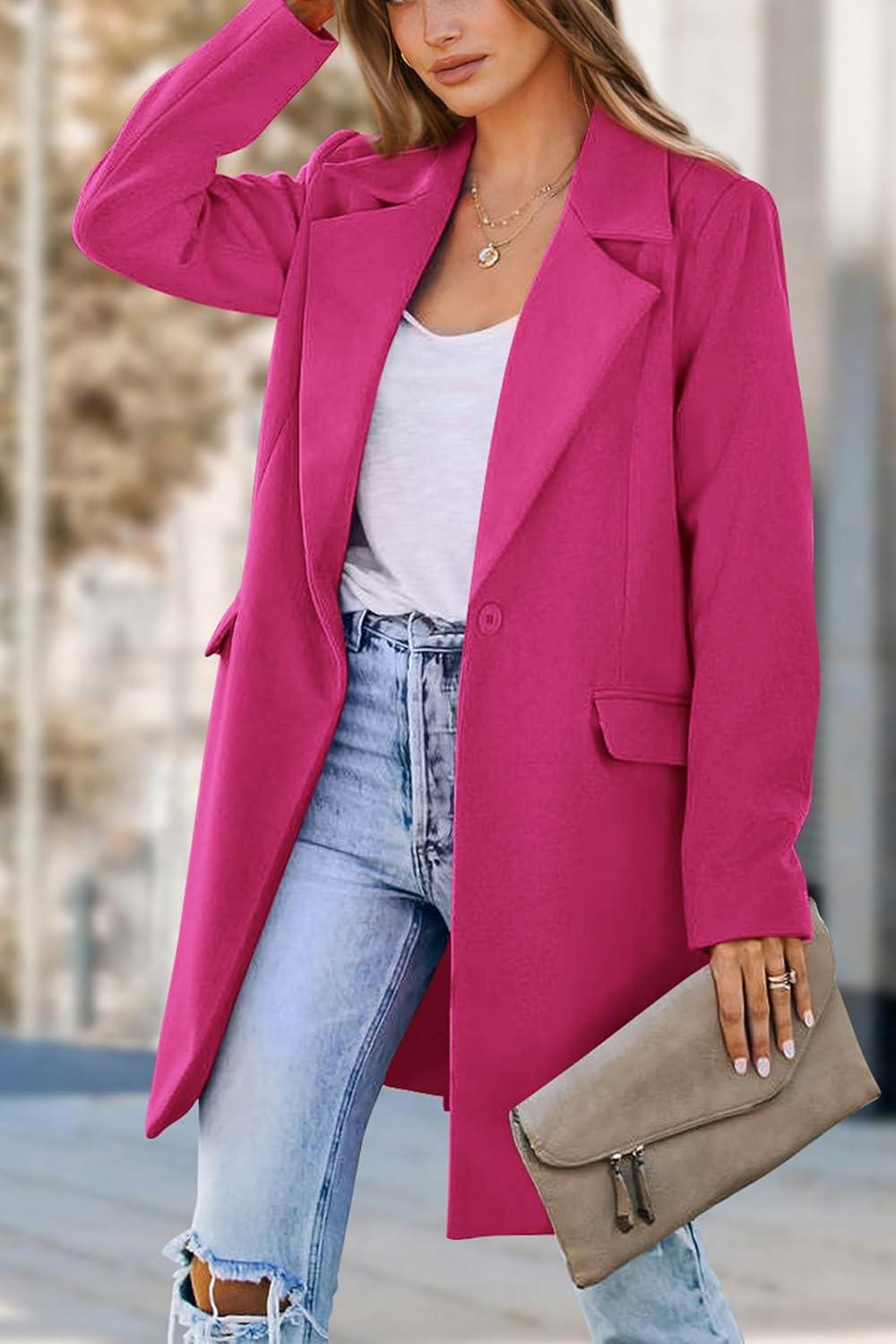 imagePRETTYGARDEN Womens 2025 Spring Fall Long Blazer Jackets Long Sleeve Lapel Pockets Loose Fit Work Casual Blazers OuterwearRose Red