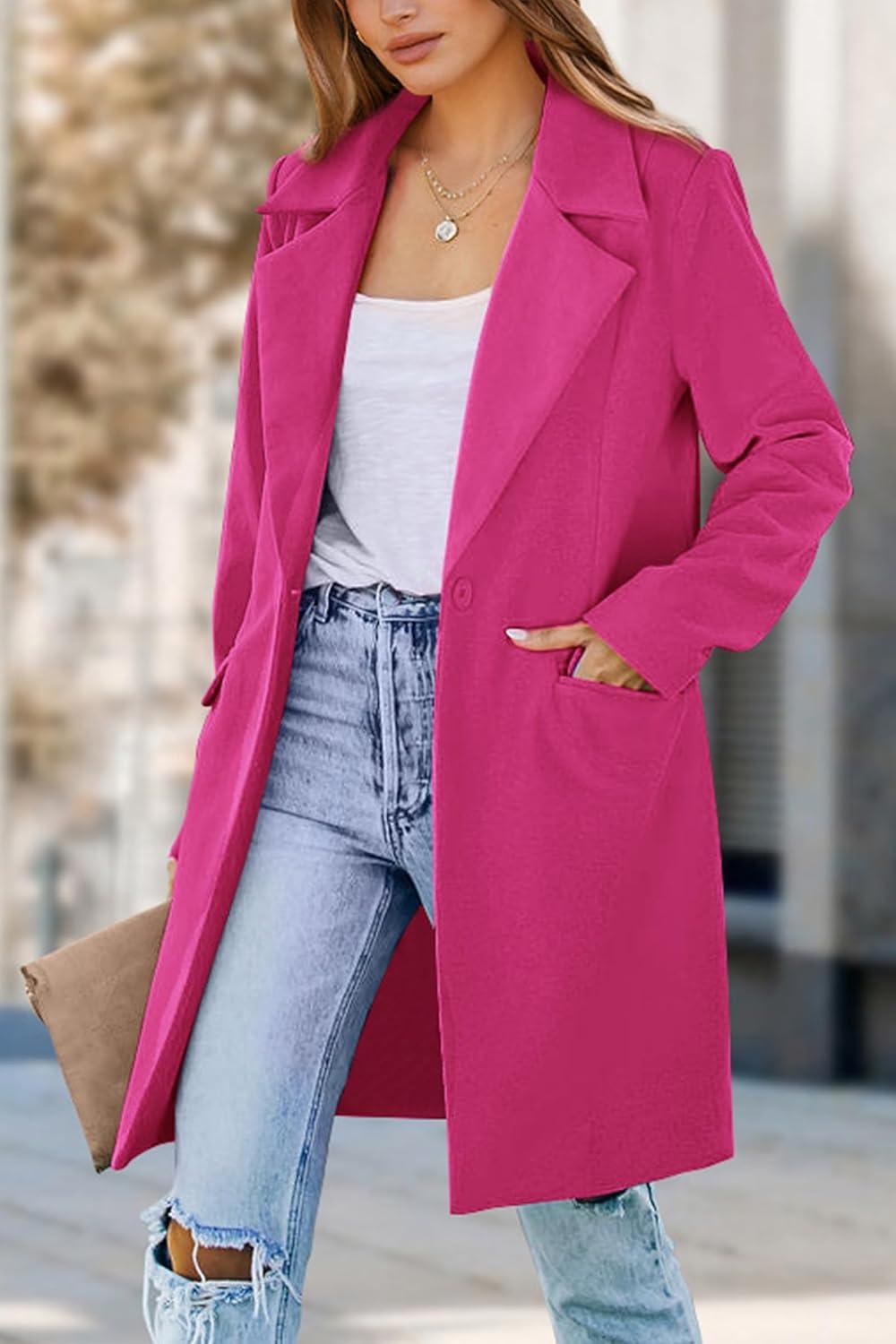 imagePRETTYGARDEN Womens 2025 Spring Fall Long Blazer Jackets Long Sleeve Lapel Pockets Loose Fit Work Casual Blazers OuterwearRose Red