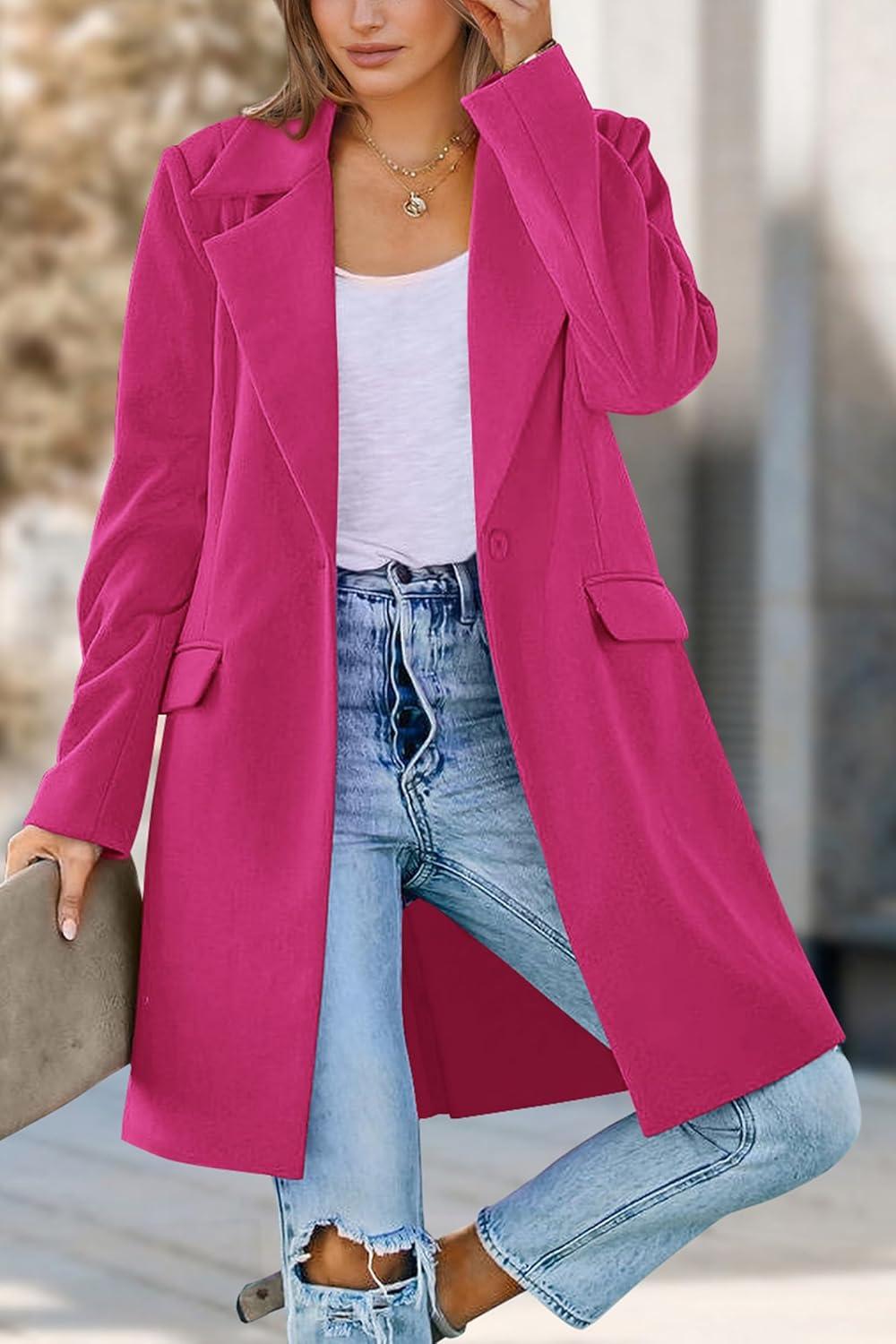 imagePRETTYGARDEN Womens 2025 Spring Fall Long Blazer Jackets Long Sleeve Lapel Pockets Loose Fit Work Casual Blazers OuterwearRose Red