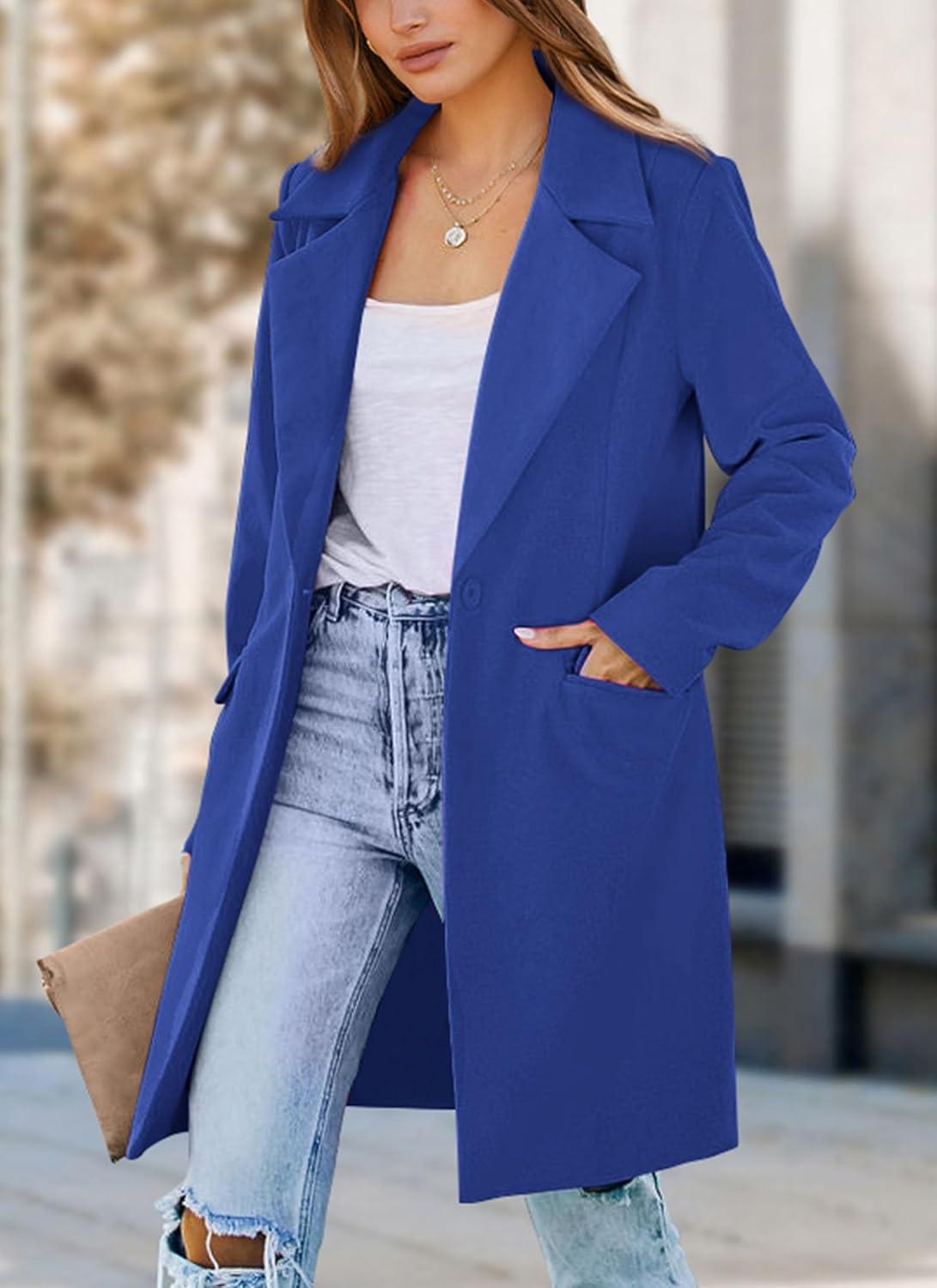 imagePRETTYGARDEN Womens 2025 Spring Fall Long Blazer Jackets Long Sleeve Lapel Pockets Loose Fit Work Casual Blazers OuterwearRoyal Blue