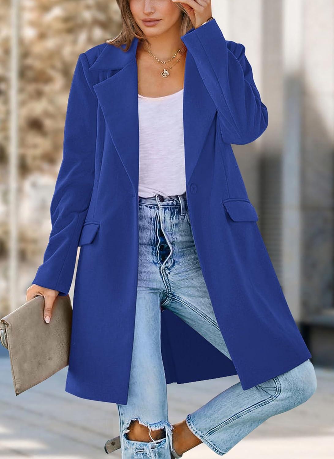 imagePRETTYGARDEN Womens 2025 Spring Fall Long Blazer Jackets Long Sleeve Lapel Pockets Loose Fit Work Casual Blazers OuterwearRoyal Blue