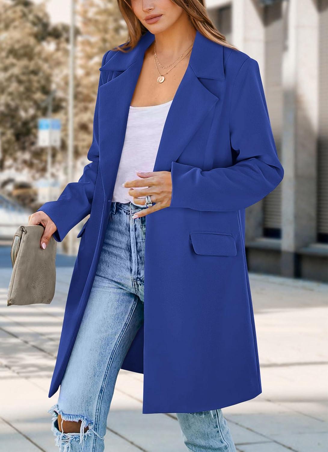 imagePRETTYGARDEN Womens 2025 Spring Fall Long Blazer Jackets Long Sleeve Lapel Pockets Loose Fit Work Casual Blazers OuterwearRoyal Blue