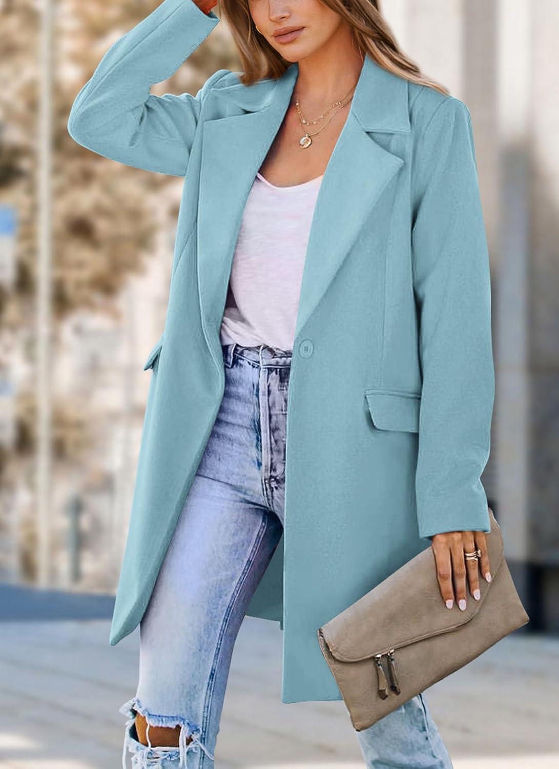 imagePRETTYGARDEN Womens 2025 Spring Fall Long Blazer Jackets Long Sleeve Lapel Pockets Loose Fit Work Casual Blazers OuterwearSky Blue