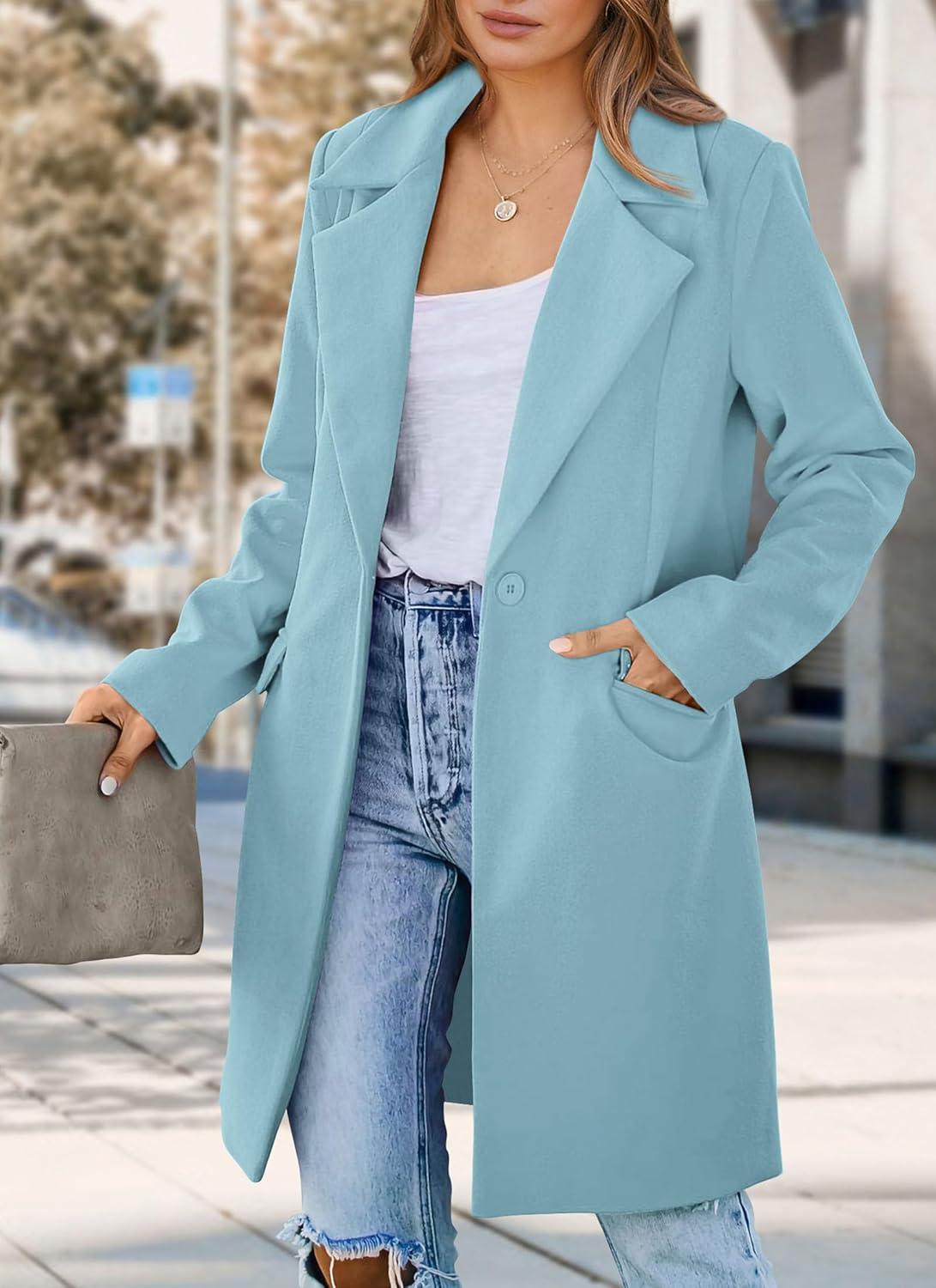 imagePRETTYGARDEN Womens 2025 Spring Fall Long Blazer Jackets Long Sleeve Lapel Pockets Loose Fit Work Casual Blazers OuterwearSky Blue