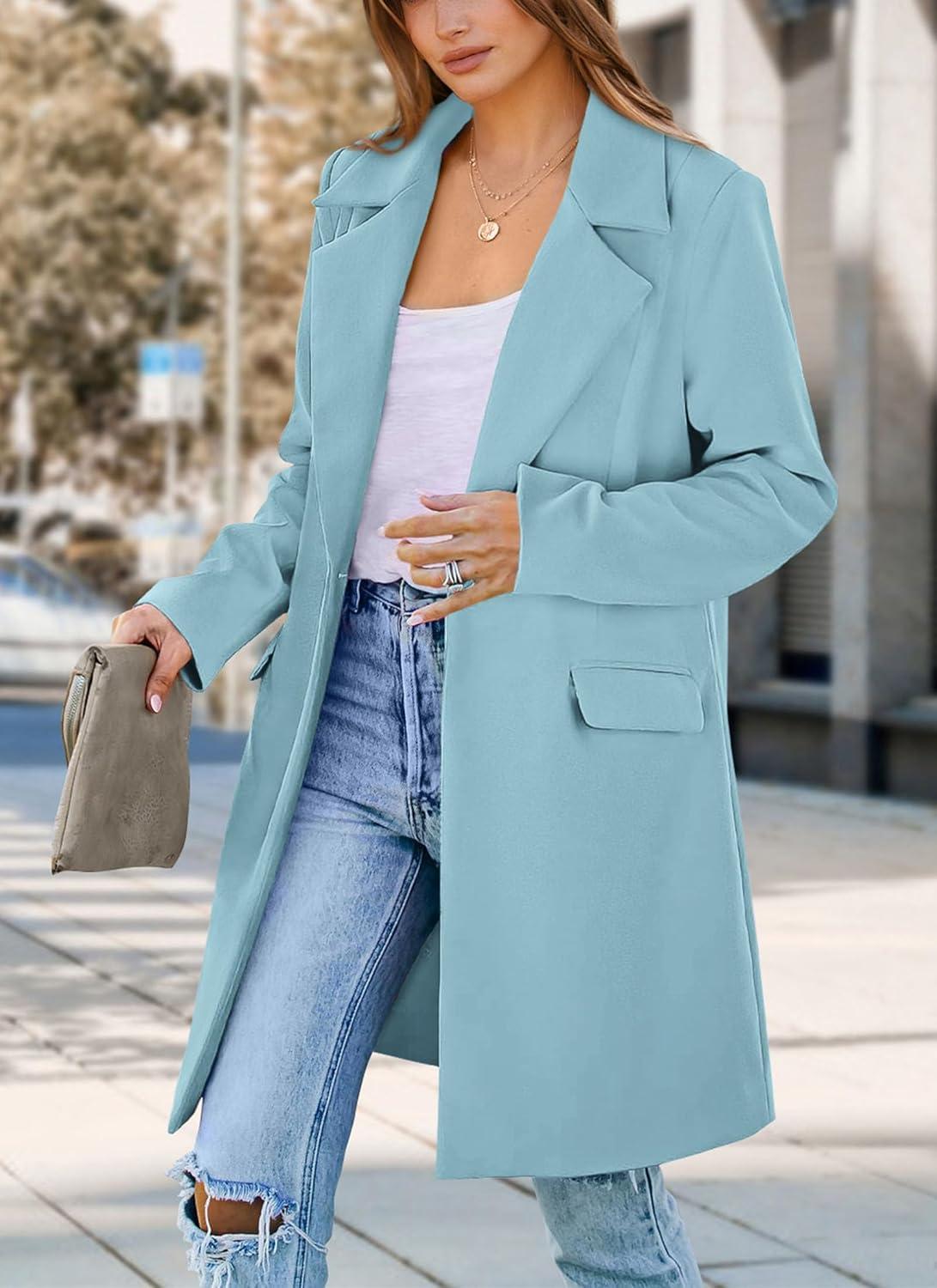 imagePRETTYGARDEN Womens 2025 Spring Fall Long Blazer Jackets Long Sleeve Lapel Pockets Loose Fit Work Casual Blazers OuterwearSky Blue