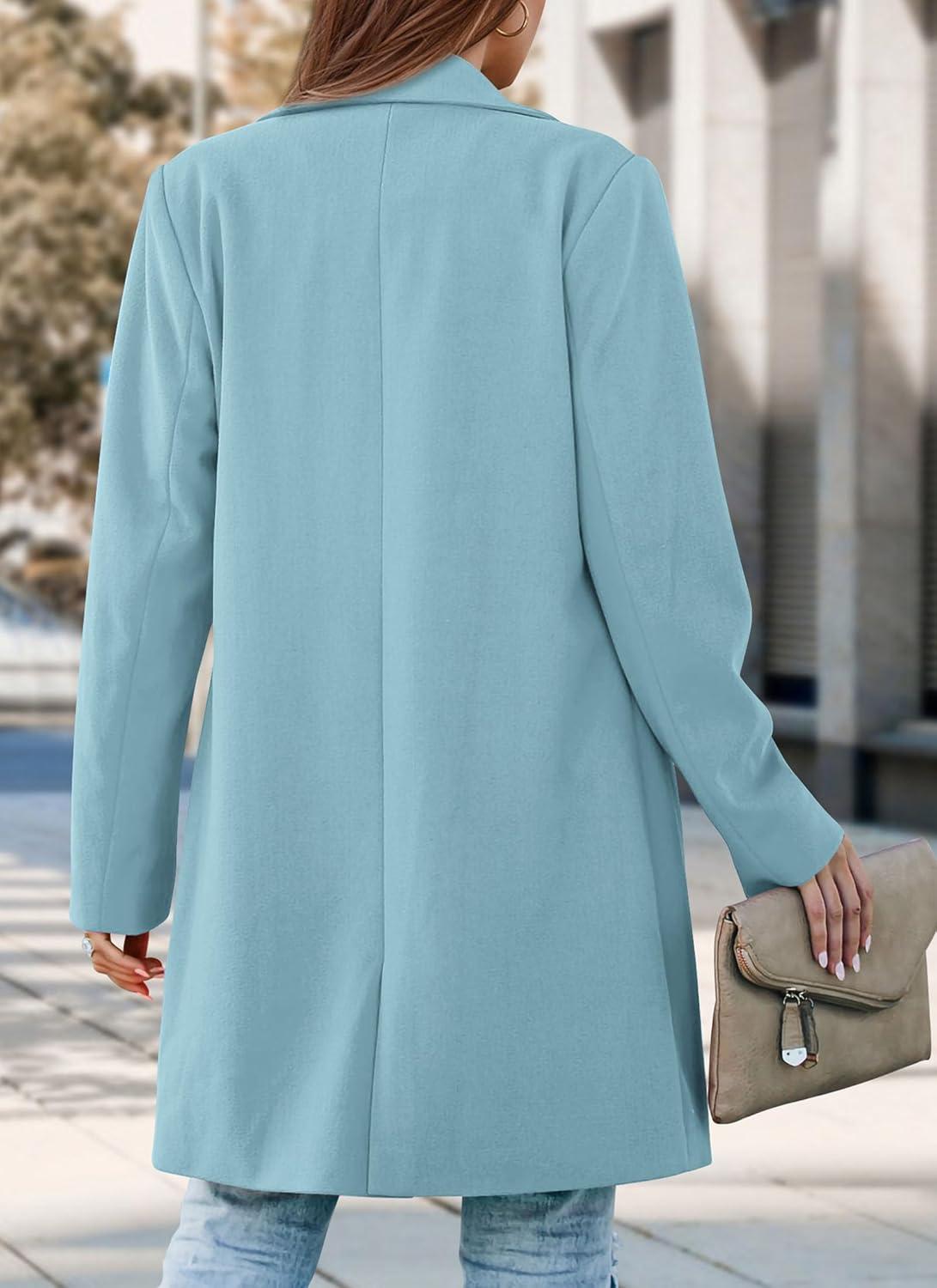 imagePRETTYGARDEN Womens 2025 Spring Fall Long Blazer Jackets Long Sleeve Lapel Pockets Loose Fit Work Casual Blazers OuterwearSky Blue