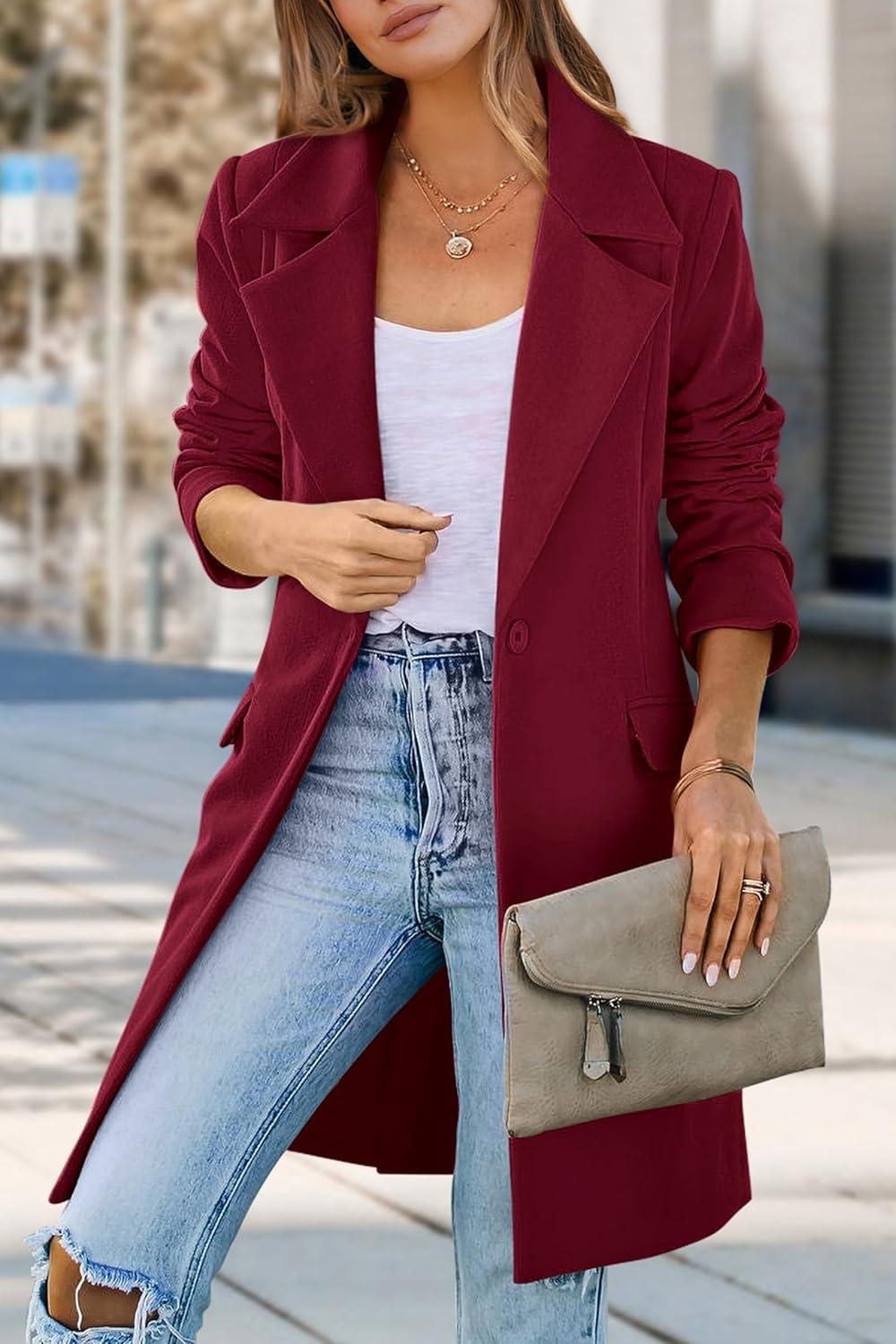 imagePRETTYGARDEN Womens 2025 Spring Fall Long Blazer Jackets Long Sleeve Lapel Pockets Loose Fit Work Casual Blazers OuterwearWine Red