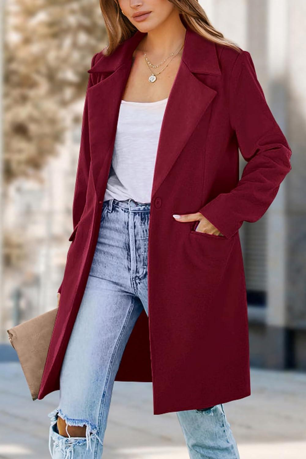 imagePRETTYGARDEN Womens 2025 Spring Fall Long Blazer Jackets Long Sleeve Lapel Pockets Loose Fit Work Casual Blazers OuterwearWine Red