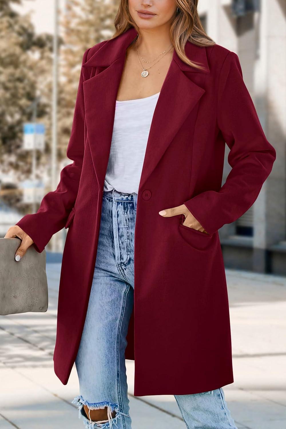 imagePRETTYGARDEN Womens 2025 Spring Fall Long Blazer Jackets Long Sleeve Lapel Pockets Loose Fit Work Casual Blazers OuterwearWine Red