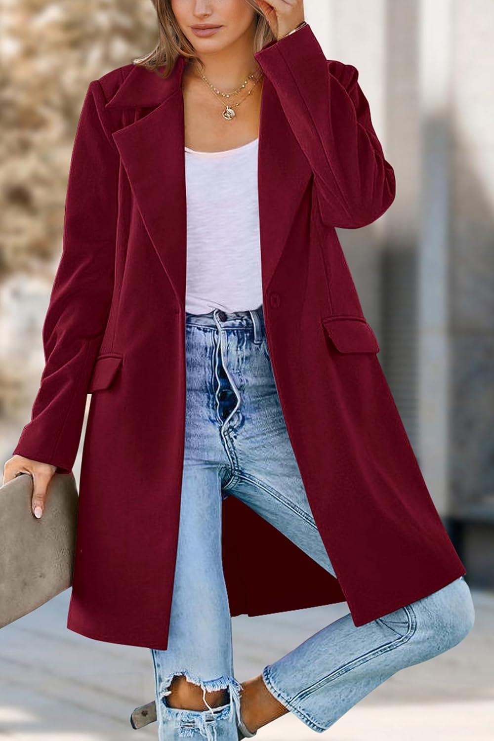 imagePRETTYGARDEN Womens 2025 Spring Fall Long Blazer Jackets Long Sleeve Lapel Pockets Loose Fit Work Casual Blazers OuterwearWine Red