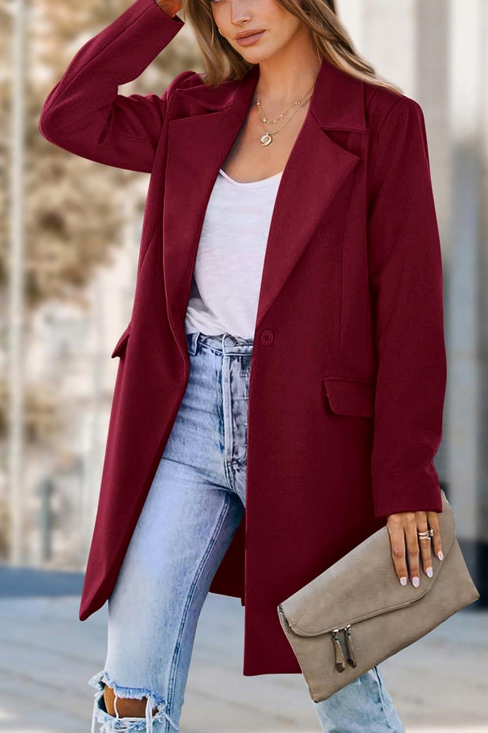 imagePRETTYGARDEN Womens 2025 Spring Fall Long Blazer Jackets Long Sleeve Lapel Pockets Loose Fit Work Casual Blazers OuterwearWine Red