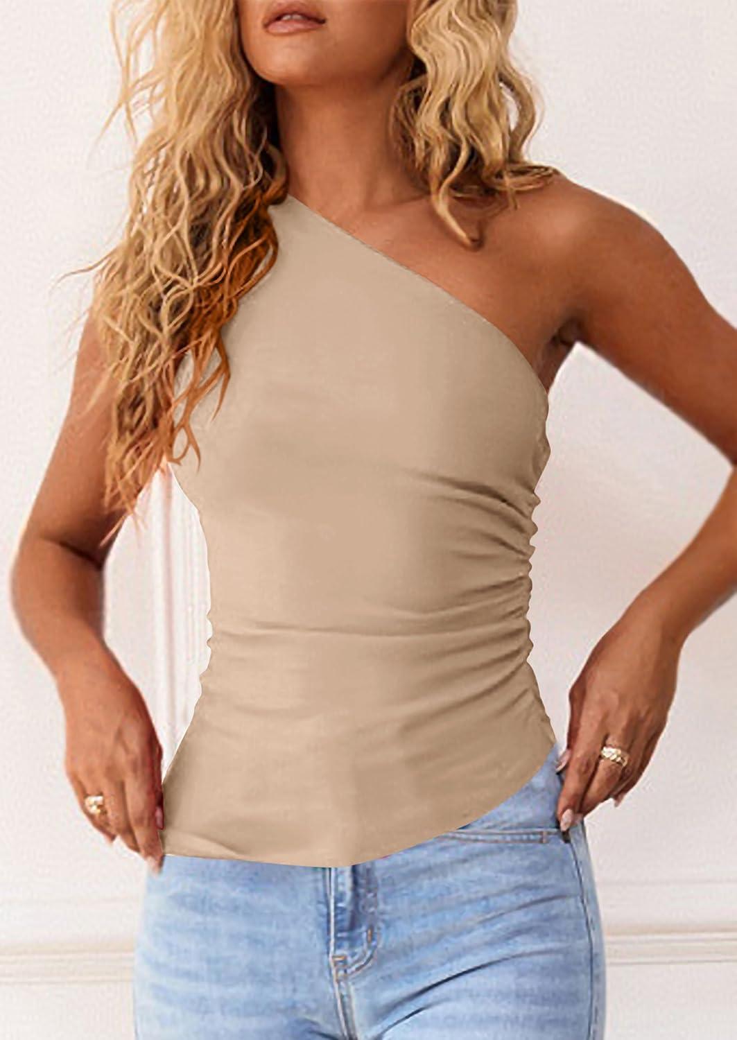 imagePRETTYGARDEN Womens 2025 Summer Y2K Tops Sleeveless One Shoulder Slim Fit Shirts Ruched Knit Asymmetrical Top BlouseApricot