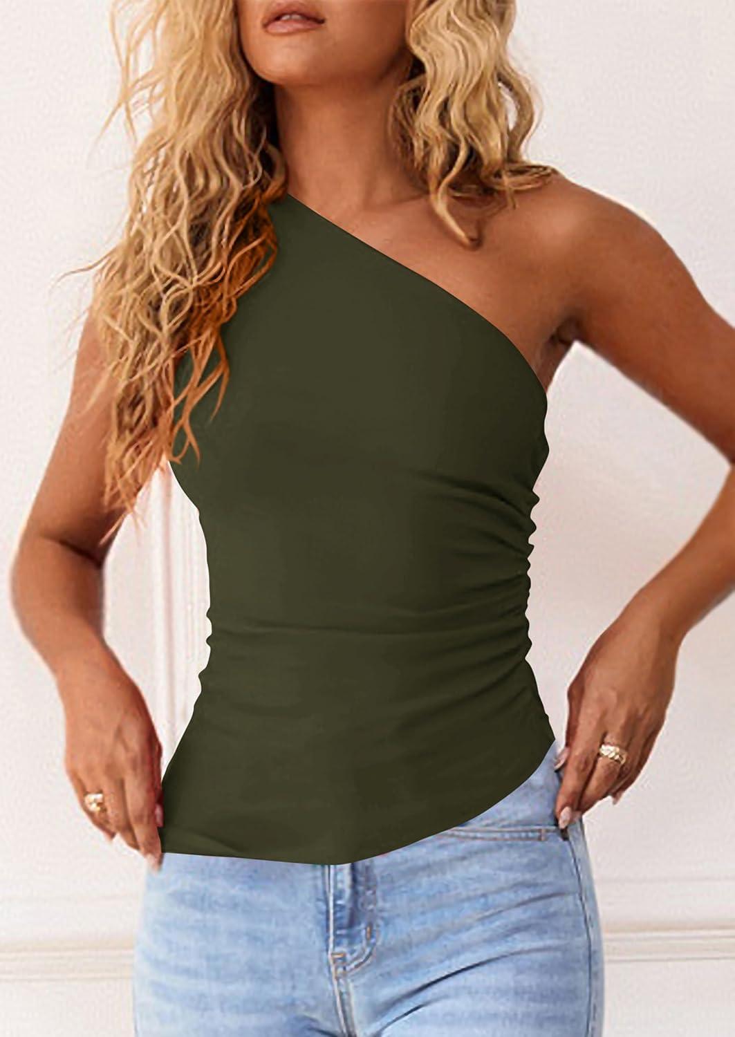 imagePRETTYGARDEN Womens 2025 Summer Y2K Tops Sleeveless One Shoulder Slim Fit Shirts Ruched Knit Asymmetrical Top BlouseArmy Green
