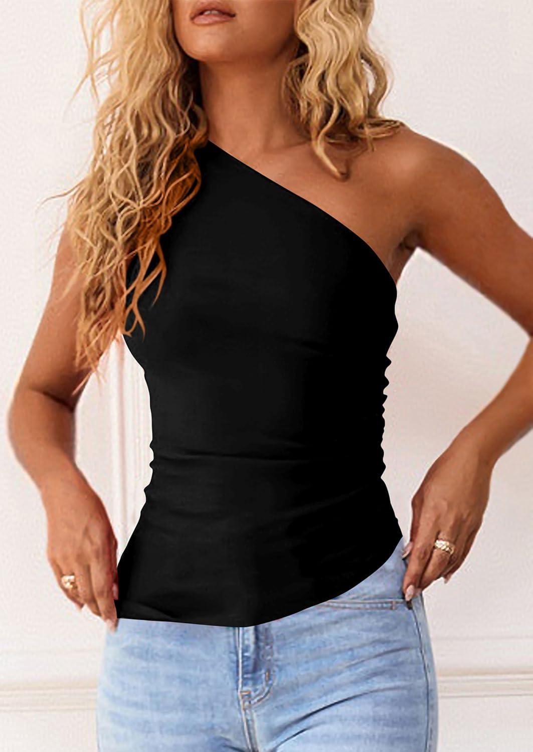 imagePRETTYGARDEN Womens 2025 Summer Y2K Tops Sleeveless One Shoulder Slim Fit Shirts Ruched Knit Asymmetrical Top BlouseBlack