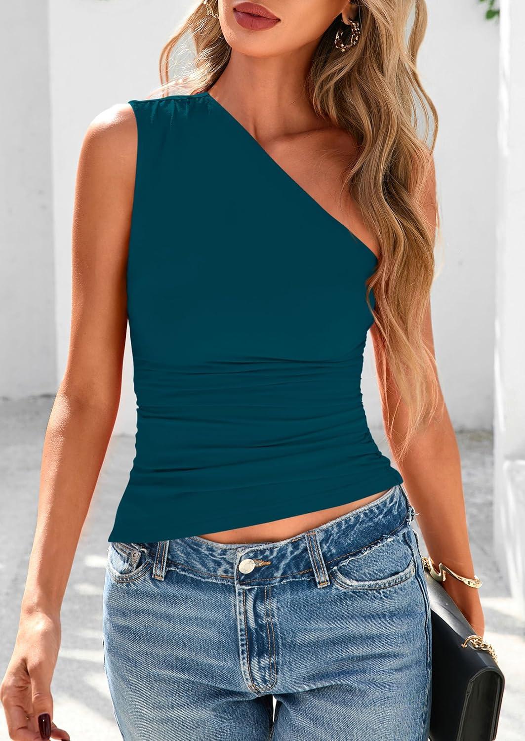 imagePRETTYGARDEN Womens 2025 Summer Y2K Tops Sleeveless One Shoulder Slim Fit Shirts Ruched Knit Asymmetrical Top BlouseDark Blue