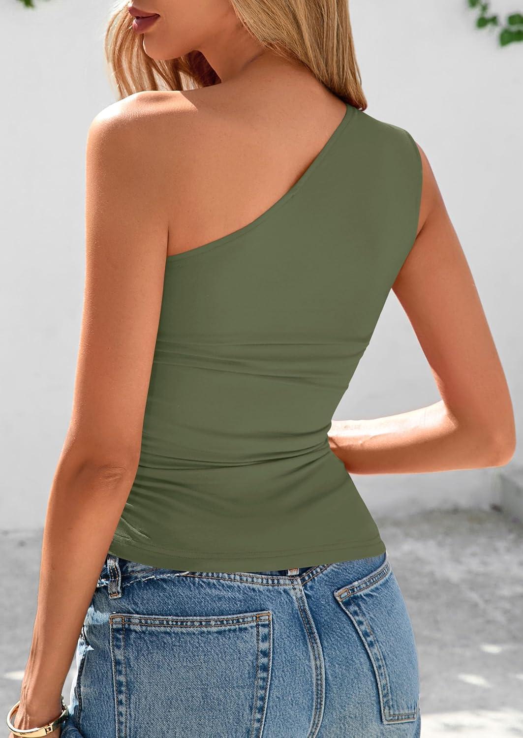 imagePRETTYGARDEN Womens 2025 Summer Y2K Tops Sleeveless One Shoulder Slim Fit Shirts Ruched Knit Asymmetrical Top BlouseGrey Green
