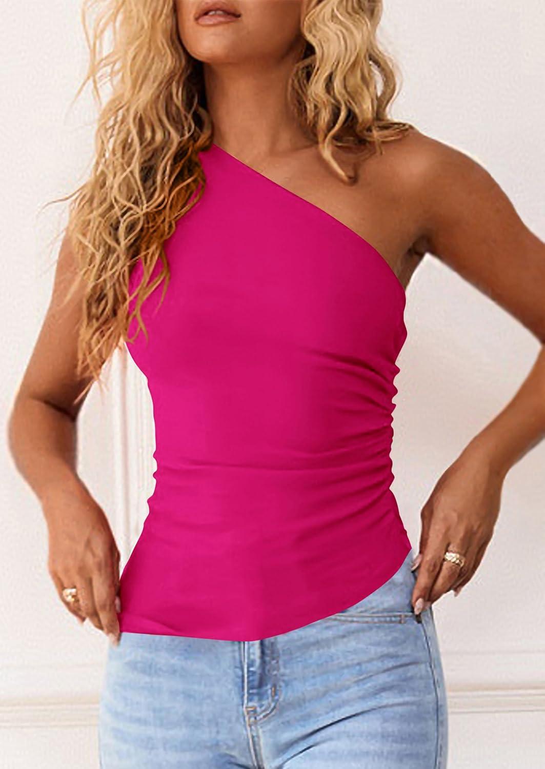 imagePRETTYGARDEN Womens 2025 Summer Y2K Tops Sleeveless One Shoulder Slim Fit Shirts Ruched Knit Asymmetrical Top BlouseRose Red