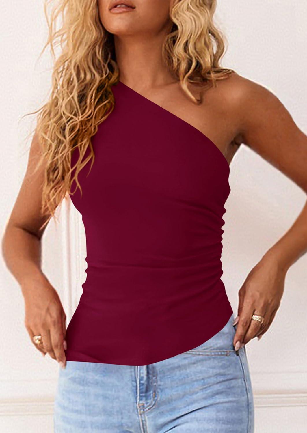 imagePRETTYGARDEN Womens 2025 Summer Y2K Tops Sleeveless One Shoulder Slim Fit Shirts Ruched Knit Asymmetrical Top BlouseWine Red