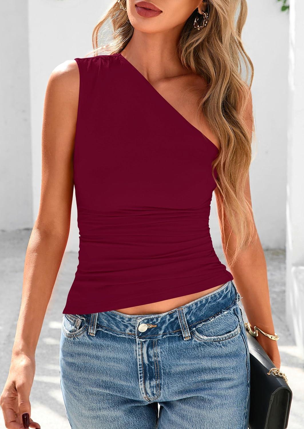 imagePRETTYGARDEN Womens 2025 Summer Y2K Tops Sleeveless One Shoulder Slim Fit Shirts Ruched Knit Asymmetrical Top BlouseWine Red