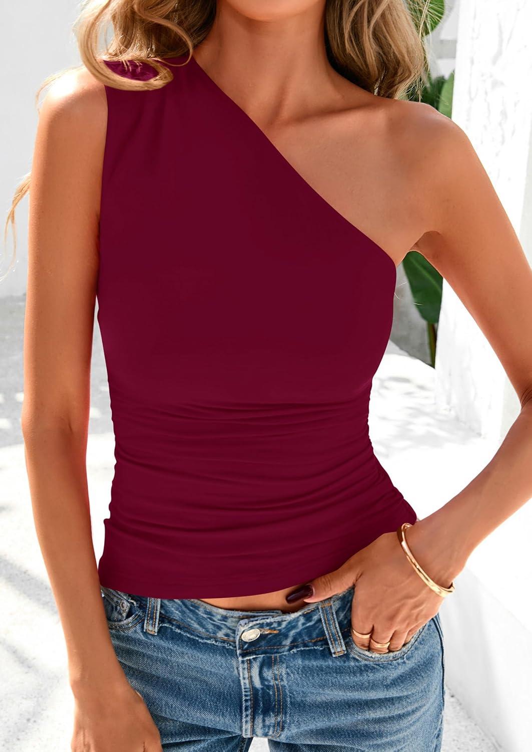 imagePRETTYGARDEN Womens 2025 Summer Y2K Tops Sleeveless One Shoulder Slim Fit Shirts Ruched Knit Asymmetrical Top BlouseWine Red