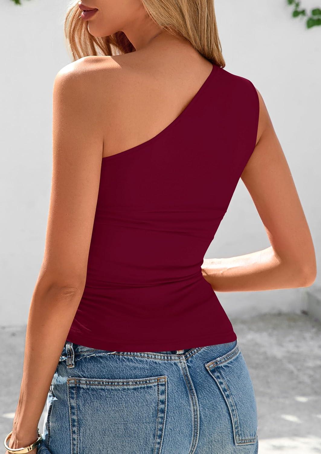 imagePRETTYGARDEN Womens 2025 Summer Y2K Tops Sleeveless One Shoulder Slim Fit Shirts Ruched Knit Asymmetrical Top BlouseWine Red