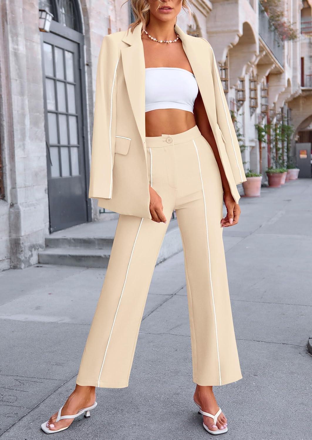 imagePRETTYGARDEN Womens Fall Spring 2 Piece Blazer Outfits Business Casual Oversized Jacket Wide Leg Work Pants Dressy Suit SetBeige